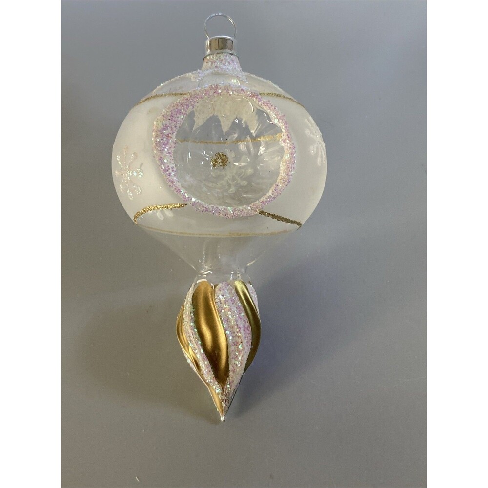 Vintage Christmas Ornament Indent Clear & Frosted Glass Finial Style Glitter